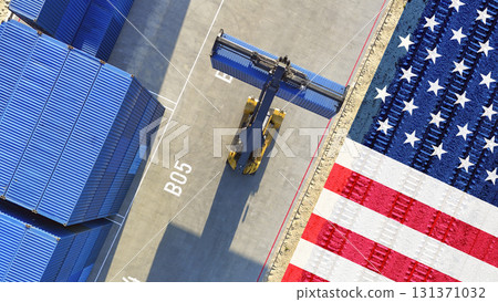 the concept of the US import duty, Logistics center, unloading of shipping containers against the background of the US flag, the concept of US protective duties on imports from other countries. The the concept of the US import duty, Logistics center, unloading of shipping containers against the background of the US flag, the concept of US protective duties on imports from other countries. The 131371032