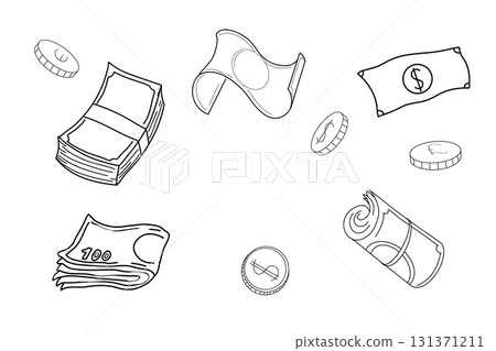 Money set doodle paper banknote, cash, coins sketch line. Collection funny comic budget. Dollar doodle sign symbol set. Hand drawn Dollar icon Money set doodle paper banknote, cash, coins sketch line. Collection funny comic budget. Dollar doodle sign symbol set. Hand drawn Dollar icon 131371211