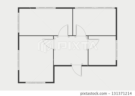 Floor plan simple icon room flat apartment modern unfurnished house line drawing, floor plan project, symbol. Technical architecture draw. Structure shape, build layout with doors and windows. 131371214