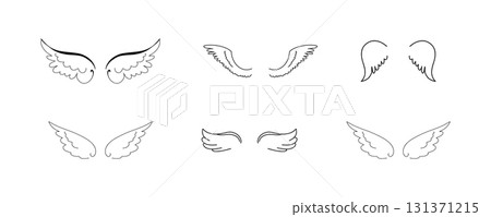 Angel or bird wings set line. Hand drawn doodle wings with feather, sketch silhouette outline. Halo or heart symbol of heaven. Cute stylized design elements. Angel or bird wings set line. Hand drawn doodle wings with feather, sketch silhouette outline. Halo or heart symbol of heaven. Cute stylized design elements. 131371215