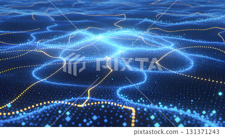 Abstract digital background: blue and orange glowing waves of data and dots. 131371243