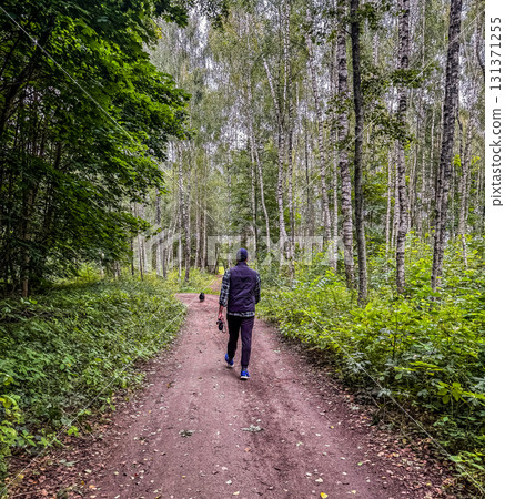 Scenic photo of a man walking his dog along a forest path surrounded by lush trees. Perfect for lifestyle, outdoor, and nature concepts. High quality photo Scenic photo of a man walking his dog along a forest path surrounded by lush trees. Perfect for lifestyle, outdoor, and nature concepts. High quality photo 131371255