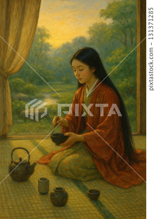 一位女士在日式房間和花園優雅地泡茶。生成式人工智慧 131371285