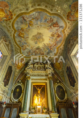 Ornate altar and frescoed ceiling in historic Italian monastery Ornate altar and frescoed ceiling in historic Italian monastery 131371286