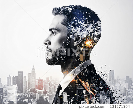 一位商人與城市景觀的形象 一位商人與城市景觀的形象 131371504