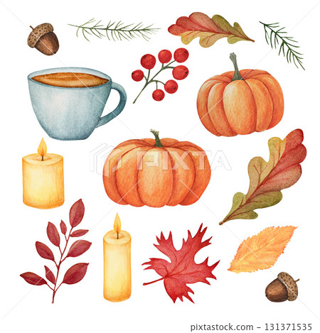 Watercolor autumn set of orange pumpkins,cup of warm drink, candles, fallen leaves, acorn and candle. Cozy fall Watercolor autumn set of orange pumpkins,cup of warm drink, candles, fallen leaves, acorn and candle. Cozy fall 131371535