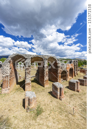 Roman ruins showing historical architecture in Amiternum, Abruzzo, Italy 131371538