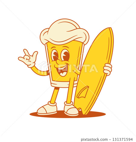 Comic beer glass cartoon character with surfboard vector flat illustration Comic beer glass cartoon character with surfboard vector flat illustration 131371594