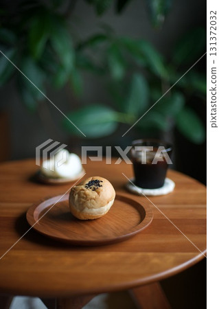 Breakfast: Anpan, iced coffee, and pear Breakfast: Anpan, iced coffee, and pear 131372032