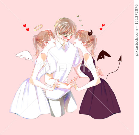 一個夾在天使和魔鬼之間的男人，臉紅又困惑 131372076