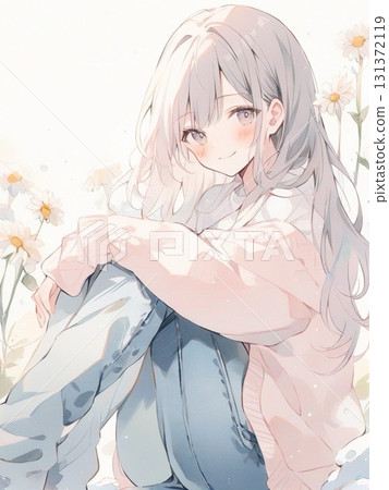 Watercolor illustration of a girl and daisies, vertical 5 Watercolor illustration of a girl and daisies, vertical 5 131372119