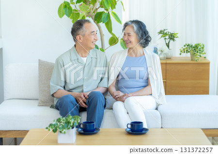 Senior couple relaxing in the living room 131372257