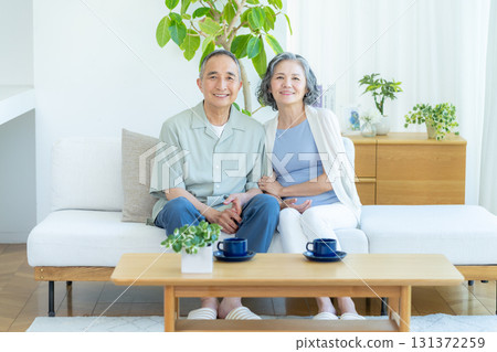 Senior couple relaxing in the living room 131372259