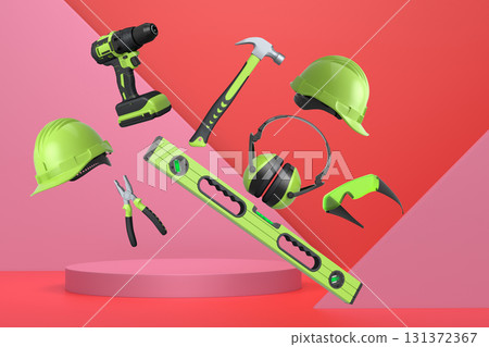 Construction tools and safety equipment floating over podium on abstract background, industrial work and protection concept Construction tools and safety equipment floating over podium on abstract background, industrial work and protection concept 131372367