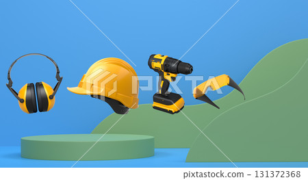 Construction tools and safety equipment floating over podium on abstract background, industrial work and protection concept 131372368