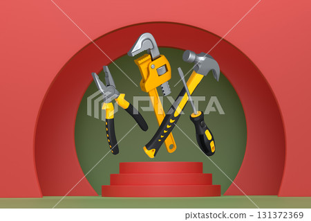 Construction tools and safety equipment floating over podium on abstract background, industrial work and protection concept 131372369