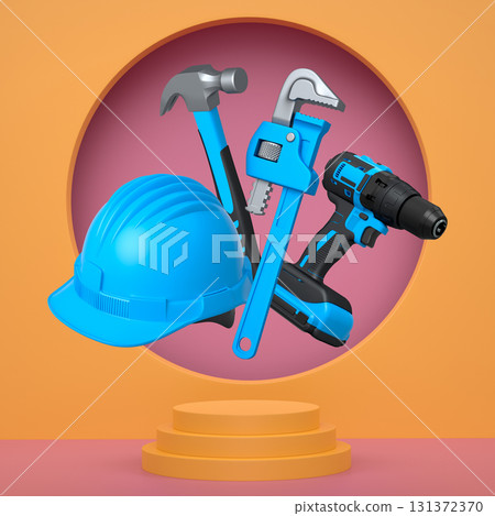 Construction tools and safety equipment floating over podium on abstract background, industrial work and protection concept 131372370