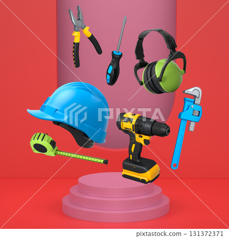 Construction tools and safety equipment floating over podium on abstract background, industrial work and protection concept 131372371