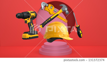 Construction tools and safety equipment floating over podium on abstract background, industrial work and protection concept 131372374