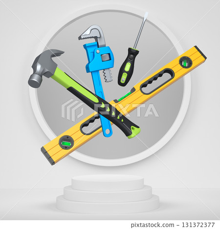 Construction tools and safety equipment floating over podium on abstract background, industrial work and protection concept 131372377