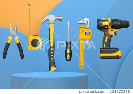 Construction tools and safety equipment floating over podium on abstract background, industrial work and protection concept 131372378
