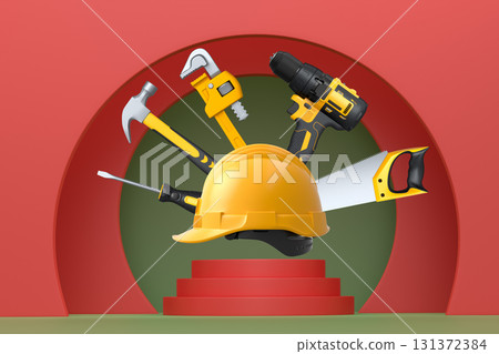 Construction tools and safety equipment floating over podium on abstract background, industrial work and protection concept Construction tools and safety equipment floating over podium on abstract background, industrial work and protection concept 131372384
