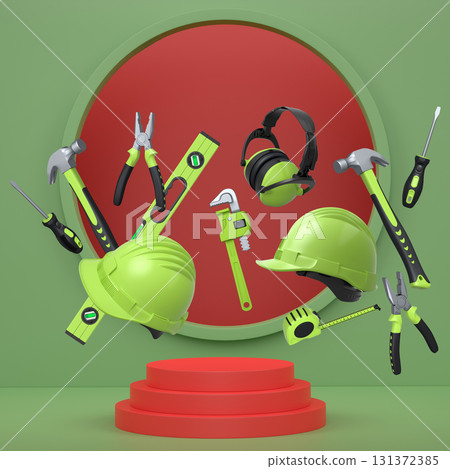 Construction tools and safety equipment floating over podium on abstract background, industrial work and protection concept 131372385