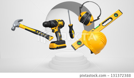 Construction tools and safety equipment floating over podium on abstract background, industrial work and protection concept 131372388