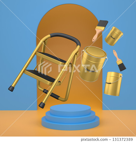 Folding step ladder with colorful paint buckets, spray can and brushes floating over podium on abstract background, DIY renovation Folding step ladder with colorful paint buckets, spray can and brushes floating over podium on abstract background, DIY renovation 131372389