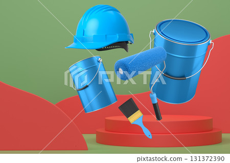 Hard hat, paint bucket and roller brush floating in air over podium on abstract background, renovation and construction tools 131372390