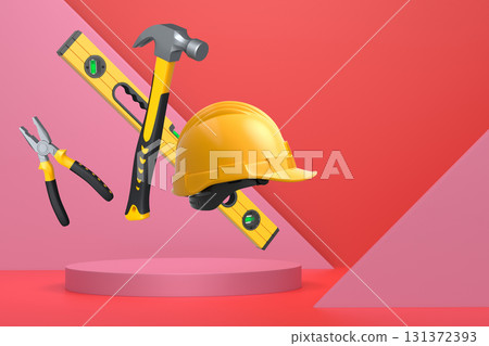 Construction tools and safety equipment floating over podium on abstract background, industrial work and protection concept 131372393