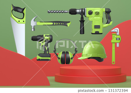 Construction tools and safety equipment floating over podium on abstract background, industrial work and protection concept 131372394