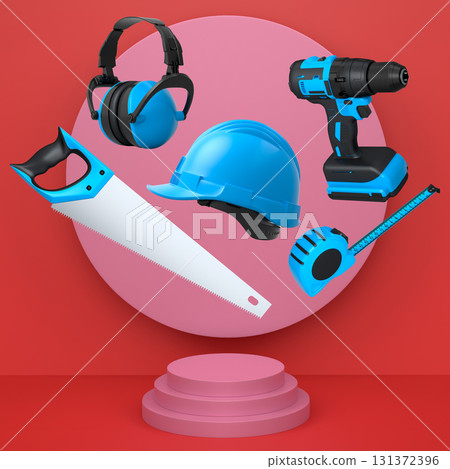 Construction tools and safety equipment floating over podium on abstract background, industrial work and protection concept 131372396