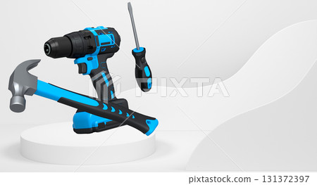 Construction tools and safety equipment floating over podium on abstract background, industrial work and protection concept 131372397