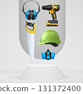 Construction tools and safety equipment floating over podium on abstract background, industrial work and protection concept 131372400