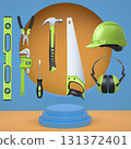 Construction tools and safety equipment floating over podium on abstract background, industrial work and protection concept 131372401