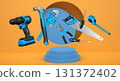Construction tools and safety equipment floating over podium on abstract background, industrial work and protection concept 131372402