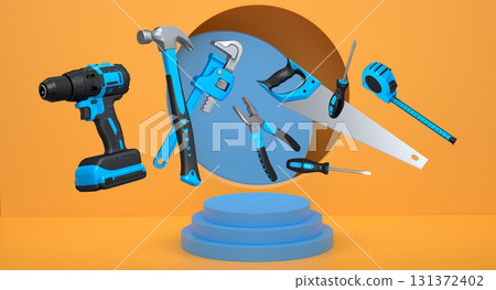 Construction tools and safety equipment floating over podium on abstract background, industrial work and protection concept 131372402