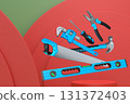 Construction tools and safety equipment floating over podium on abstract background, industrial work and protection concept 131372403