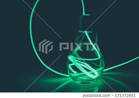 Futuristic green light bulb with glowing neon cable 131372681