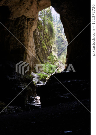 Silhouette of a big cave entrance from inside, water stream flowing into cave 131372726