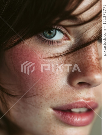 Young woman with natural freckles and blue eyes 131372773