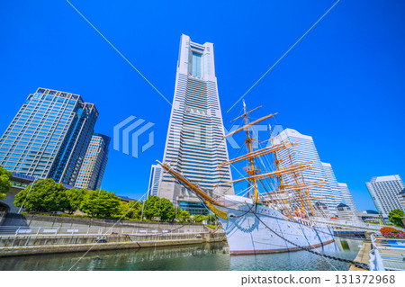 Yokohama cityscape in Japan, in front of Sakuragicho Station. Views of Yokohama Landmark Tower and Nippon Maru. A ray of hope for tomorrow. 131372968