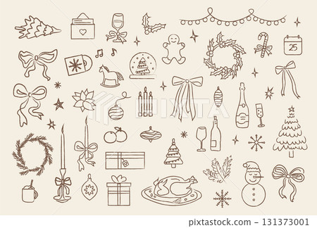 Whimsical Christmas illustration set. Festive holiday feast. Seasonal table setting. Hand Drawn vintage style doodle with crayon texture. Vector. 131373001