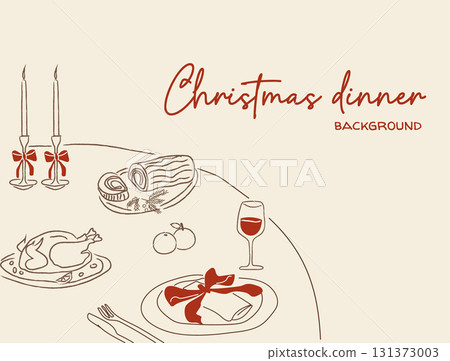 Whimsical doodle style New Year Eve or Christmas dinner party table with festive roast, wine, celebration decor. Hand drawn holiday feast template for invitation, menu, background, banner. Vector. 131373003