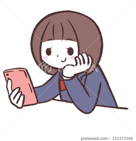 Illustration of a female student leaning on her chin and looking at her smartphone Illustration of a female student leaning on her chin and looking at her smartphone 131373100