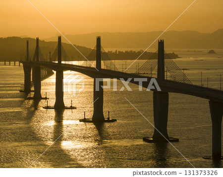 Aerial view of Kinmen Bridge  in Taiwan at sunset 131373326