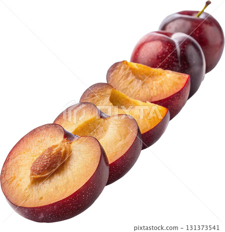 Fresh plums whole halved and sliced arranged in a diagonal sequence Fresh plums whole halved and sliced arranged in a diagonal sequence 131373541