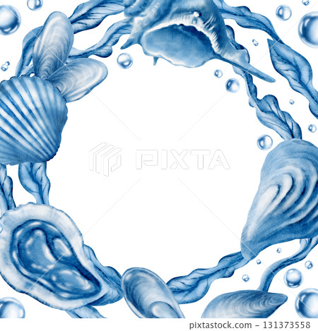 Marine seashells in square round frame:twisted spiky seashell,oyster,mussel,ribbed cemicircular seashell,laminaria,air bubbles in blue monochrome colors.Minimalism graphic in watecolor illustration 131373558