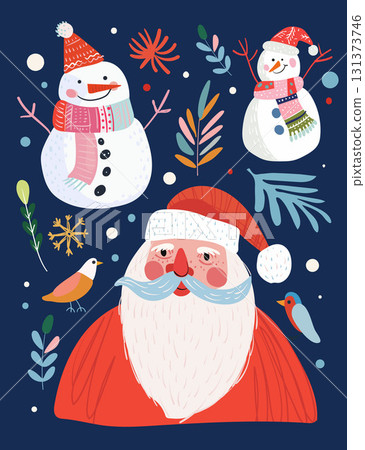 Santa Claus face with white beard and red hat surrounded by snowmen in scarves and hats, birds, snowflakes, and winter plants on dark background. Cartoon vector illustration. Christmas and New Year Santa Claus face with white beard and red hat surrounded by snowmen in scarves and hats, birds, snowflakes, and winter plants on dark background. Cartoon vector illustration. Christmas and New Year 131373746